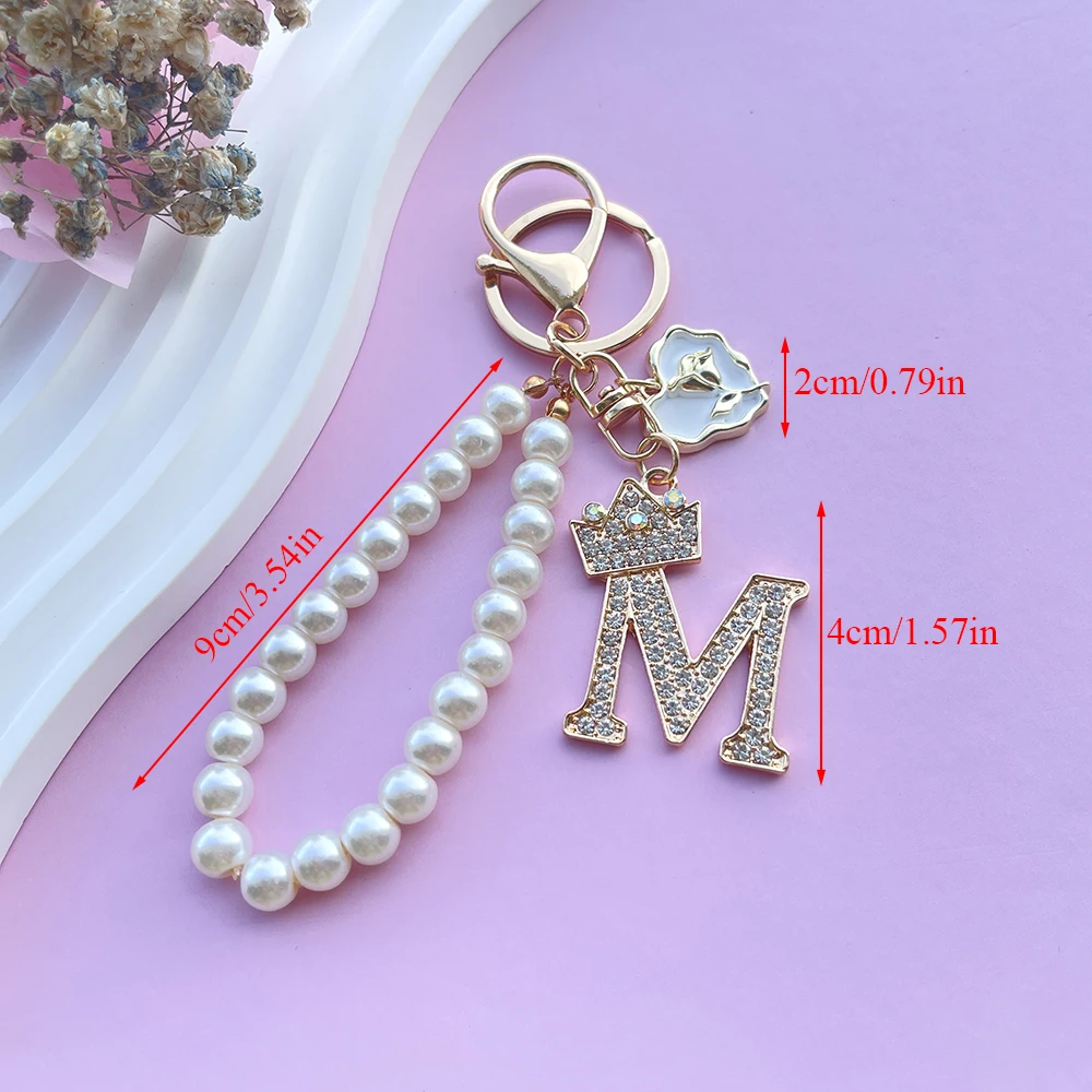 Luxury Crown A-Z 26 Letters Roses Metal Keyring Crystal Initial Faux Pearl Resin Beaded Keychain Bag Pendant Women Birthday Gift