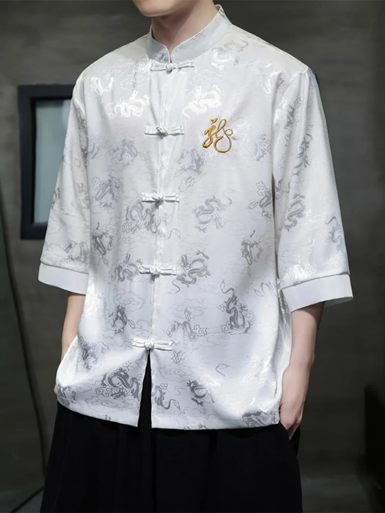 

White Ice Silk ort Sve irt Men's Summer New Chinese Sle Button up Top Thin Men's Faion Modified Tang Costume Hanfu