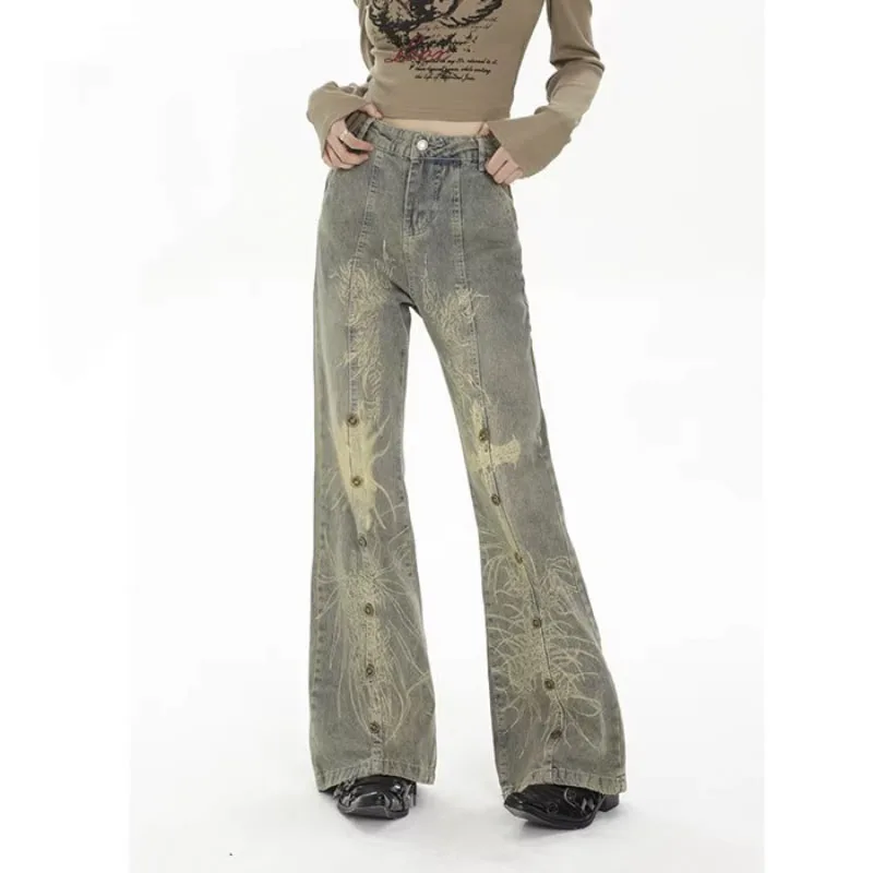 Blue High-waisted Fashion Flared Denim Pants For Women y2k Chic Flower Pattern Streetwear 2023 Jeans Female Clothing