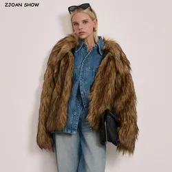 2024 Winter Brown Gradient Long Hairy Shaggy Raccoon Faux Fur Coat Full sleeve Furry Women Big Lapel Furry Coat Loose Outerwear