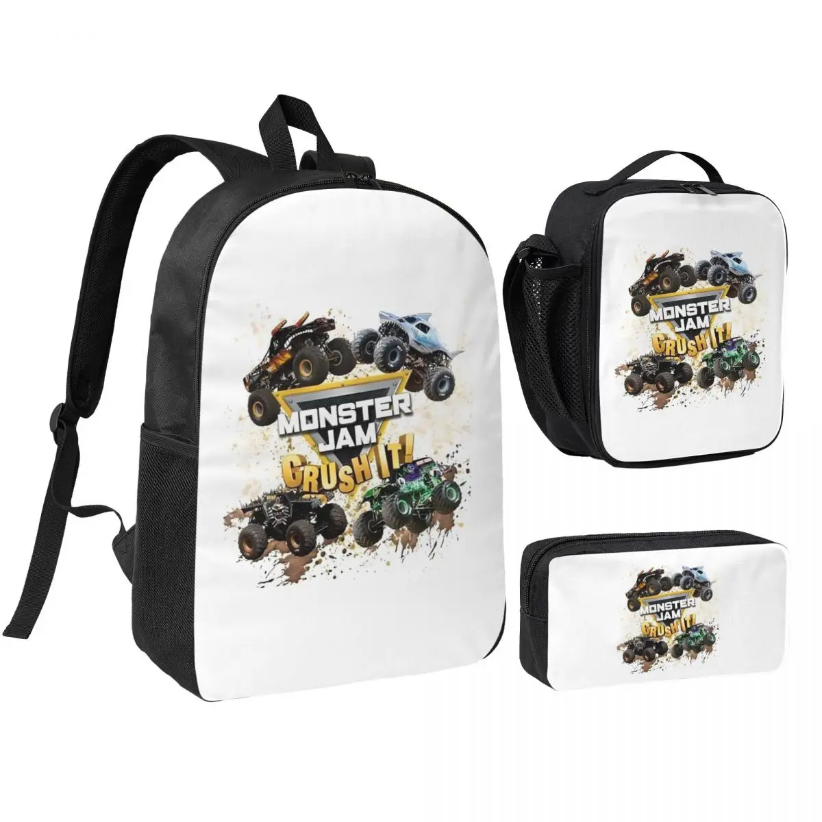 Classic Monster Jam Truck Pattern Backpack Student BookBag School Bag Laptop Shoulder Bags 3ps Insulated Lunch Bag Pencil Case