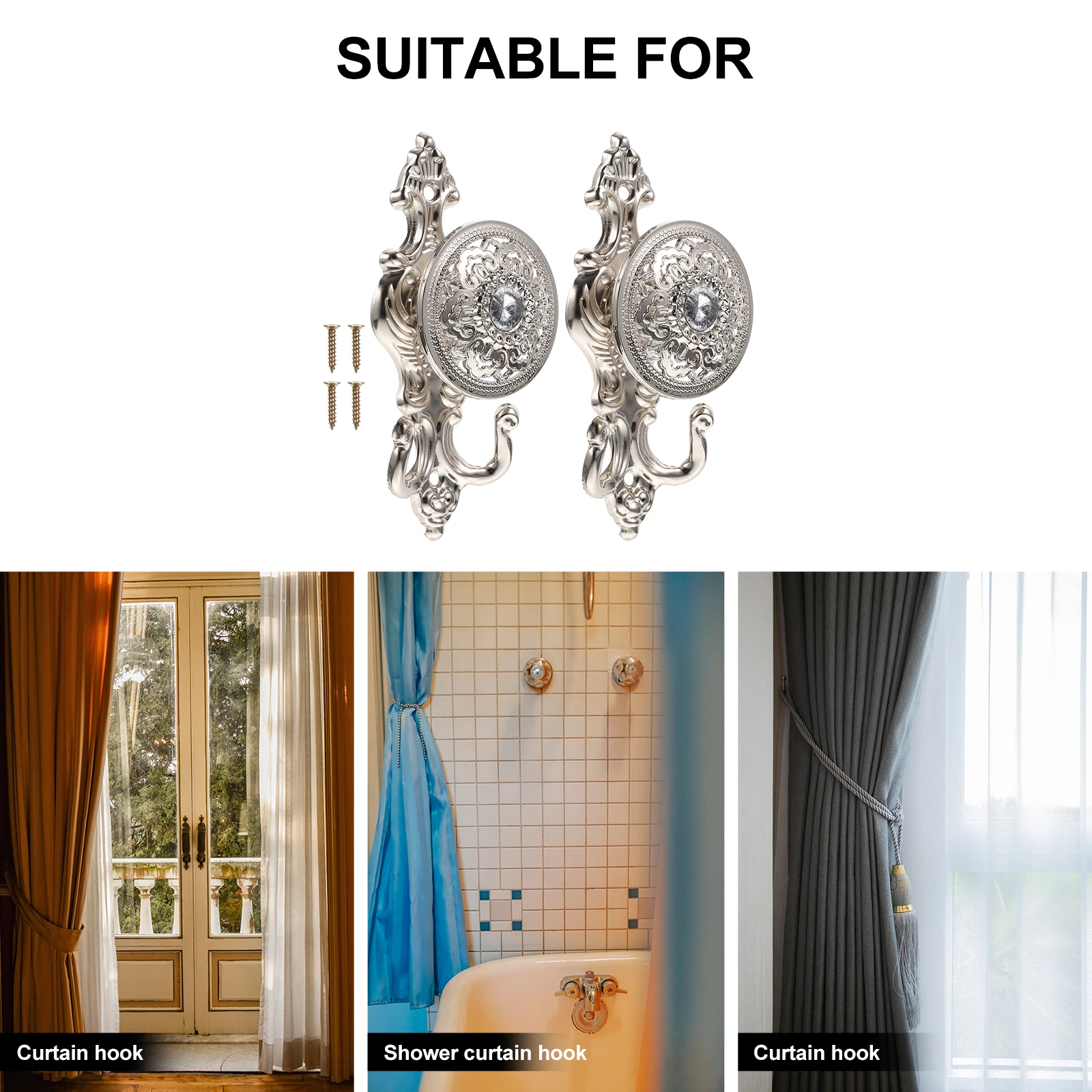 

2 Pcs Hat Hooks Rhinestone Set Metal Drapery up Silver Swag Curtains for Kitchen Window