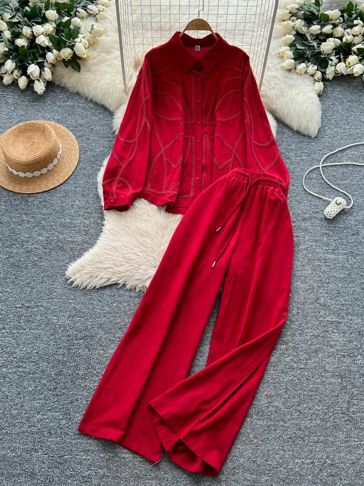 

Laid-ba Sle Casual Loose Heavy Embroidery Single Button Long Sve Women's irt High Waist Slim Wide Leg Long Pants Two...