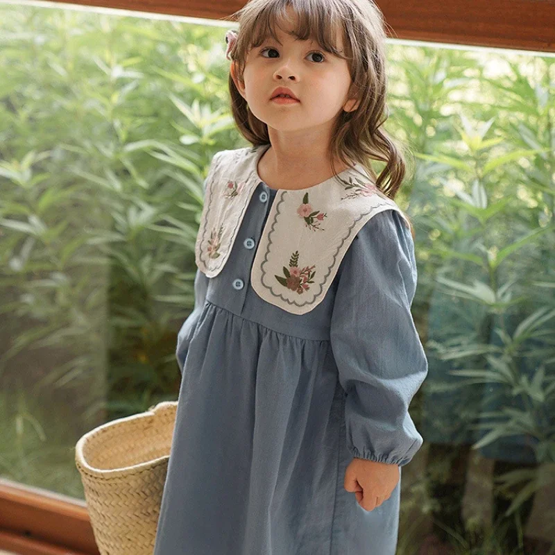 Girls Dress Spring Autumn Long Sleeve Lapel Embroidered Princess Dress Kids Clothes Fashion Korean Children Dresses 2 3 4 5 6 7Y