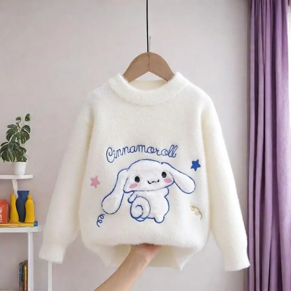 New Girls' Autumn Winter Sweater Mink Velvet Knitted Sweater Cartoon Cinnamoroll Children's Bottoming Shirt Tops Pullover