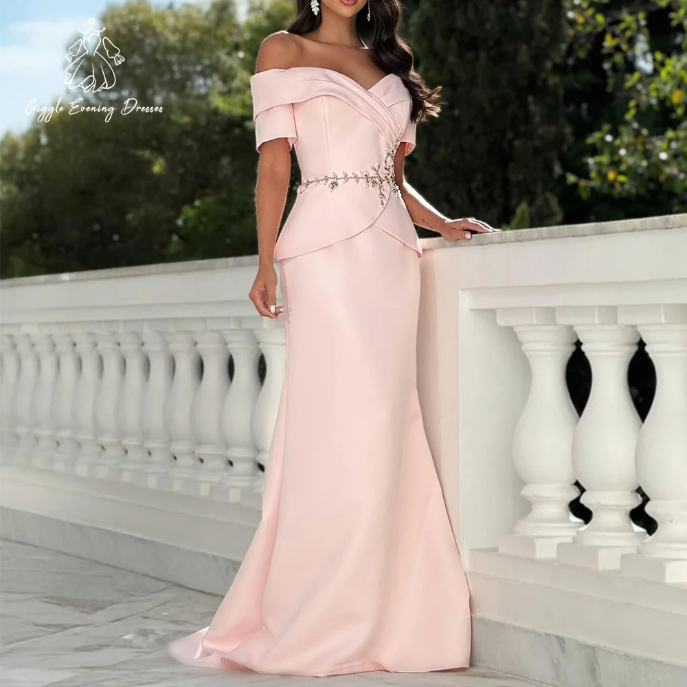 

Blush Pink Evening Dress 2026 Satin Beaded Mermaid Prom Gown for Women Off-Shoulder Mother of the Bride Formal Gown Customized