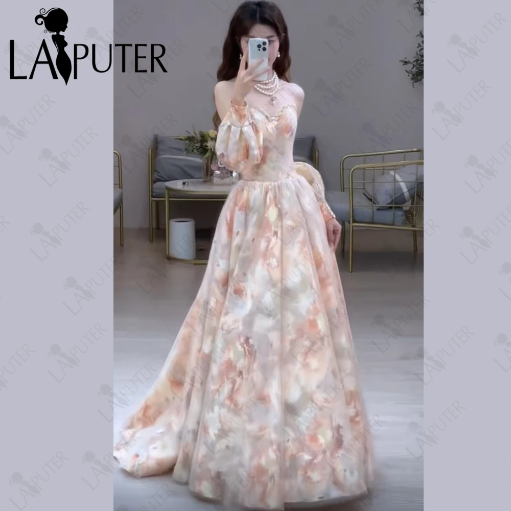 Floral Organza Puffy A line Prom Dress Off Shoulder Lantern Sleeves Crystal Edge Evening GownRuched Bodice Gilr Formal Gown 2024