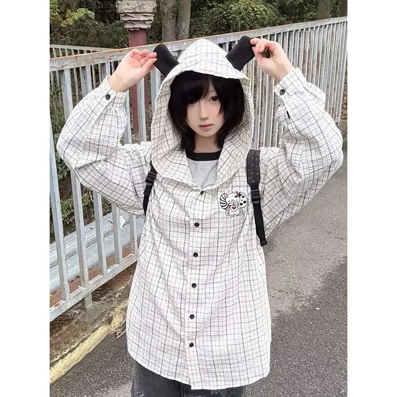 

Shirts & Blouses Japanese Subculture Dog Ear Plaid Hooded Shirt Blusas Mujer Thin Jacket Sweet Casual Japanese Kawaii