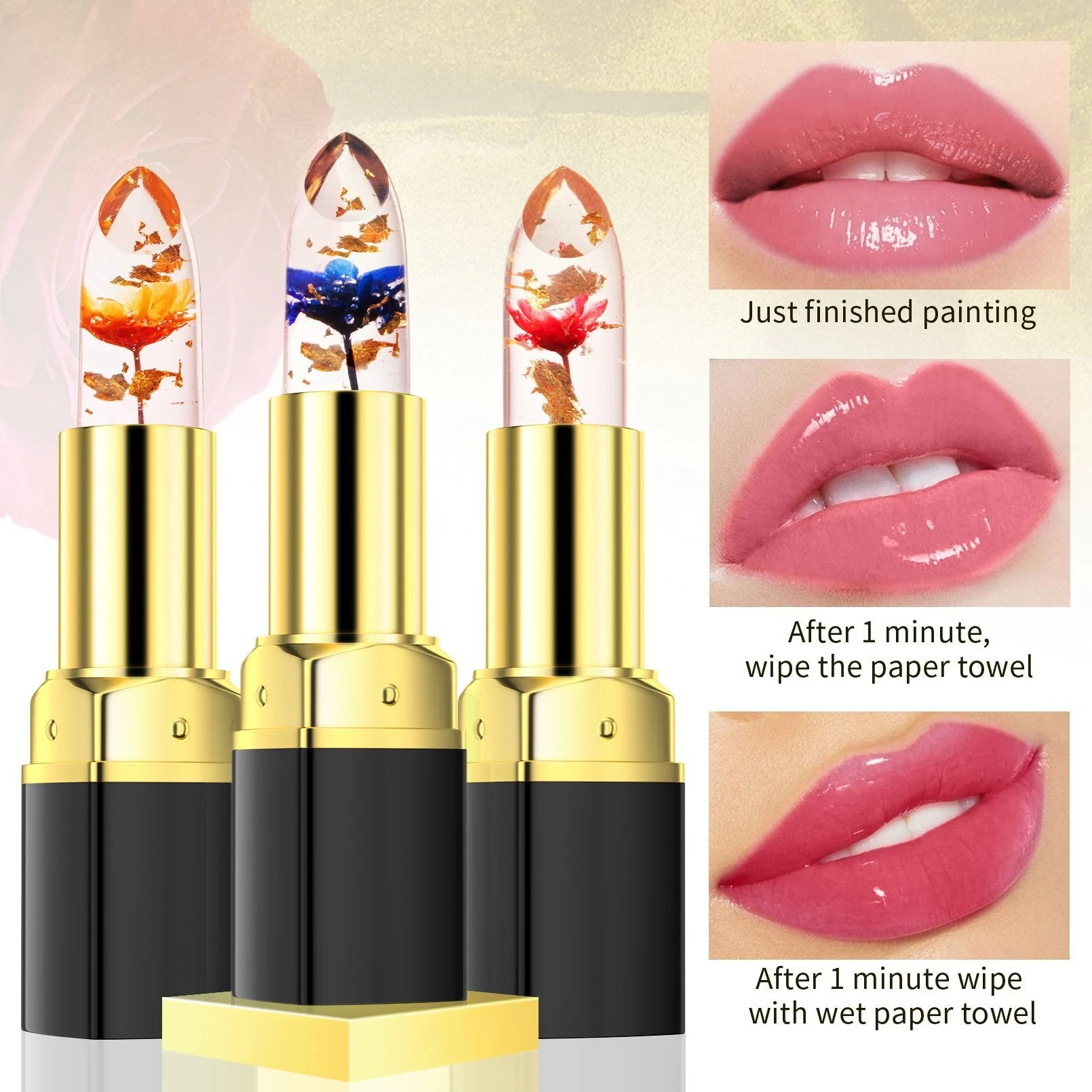 

Cosmetic Flower Lipstick - Unique Color for Everyone,Temperature, Moisturizing & Nourishing, Flower Jelly Texture with Gold Leaf
