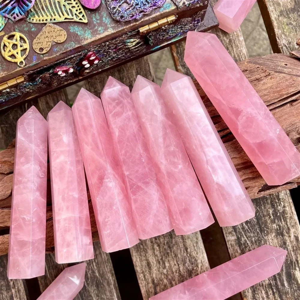 Bild 5: 4,33 Zoll Premium Rosa Quarz-Turm Glatter Sechseckiger Prisma Meditations-Zauberstab Heilender Edelstein-Kristallturm für Heimdekoration