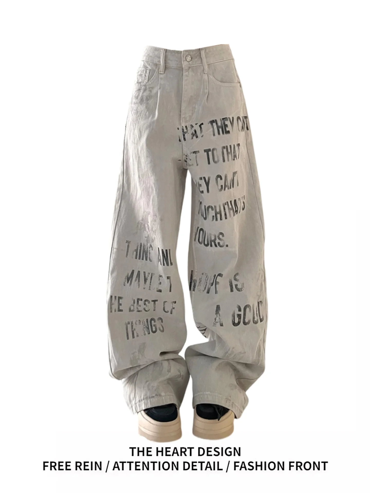 

American Retro fiti Letter Print Denim Jeans Women's Autumn New Design Worn-look Loose Straight Leg Wide Leg Pants