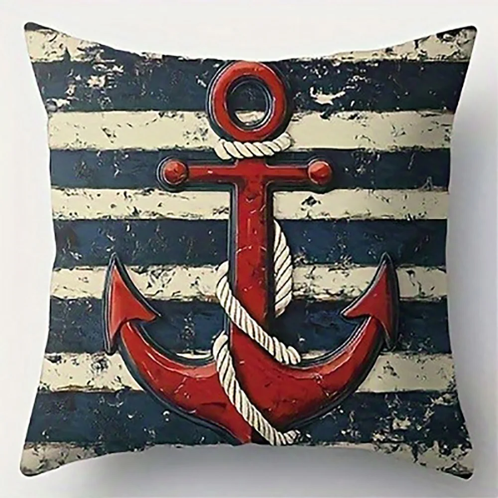Red Anchor on Striped Background PillowcaseSuitable for Sofa Car Bedroom Decorative Cushion Cover Pillow Cover