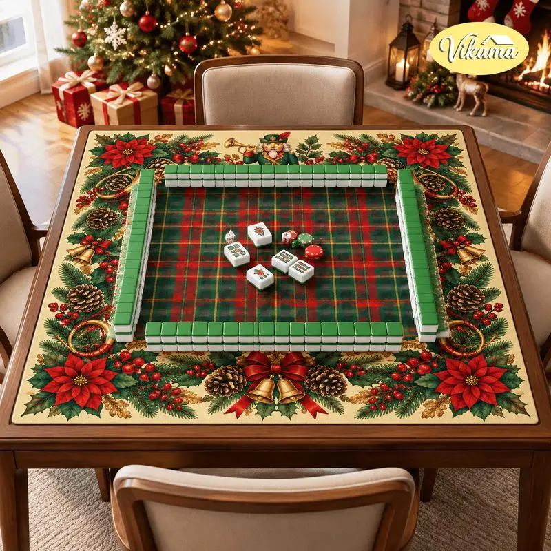 VIKAMA Christmas Mahjong Mat Poinsettia Pinecone Gold Bells Washable Folding Mahjong Tablecloth Table Pad Xmas Home Decor