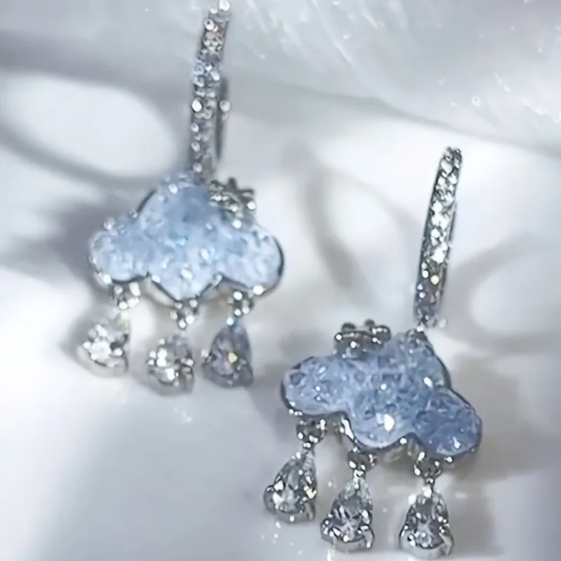 Korean Cute Cloud Hanging Earrings Blue Crystal Rain Cloud Drop Earring Aesthetic Kawaii Zirconia Hoop Dangle Earrings Jewelry