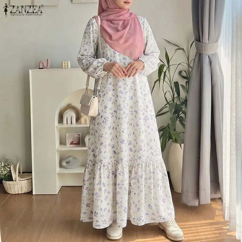 Damen Bohemian Bedrucktes Maxikleid ZANZEA Elegante Muslimische Abaya Lässiges Langarm-Blumenkleid Kaftan Robe Femme Hijab Vestido