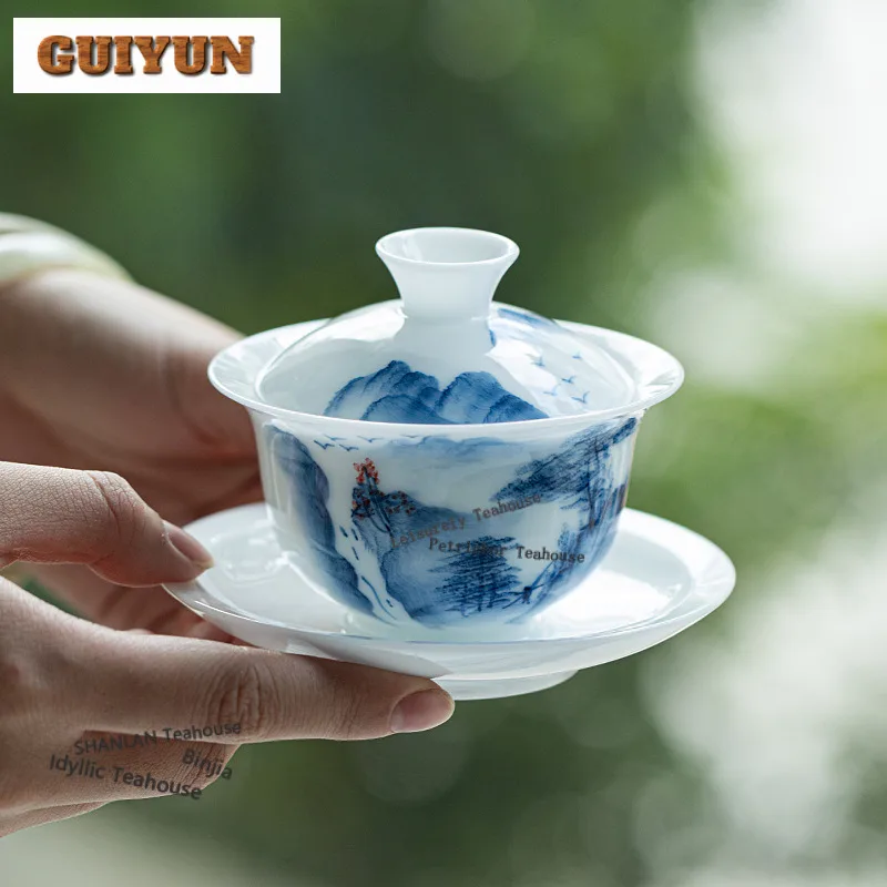 

120 мл Ручная роспись Синий и Белый Пейзаж Гайвань Бутик Чайная Варенья Чайная Чаша С Крышкой Набор Чайник Крышка Чаша Кафе Ремесло