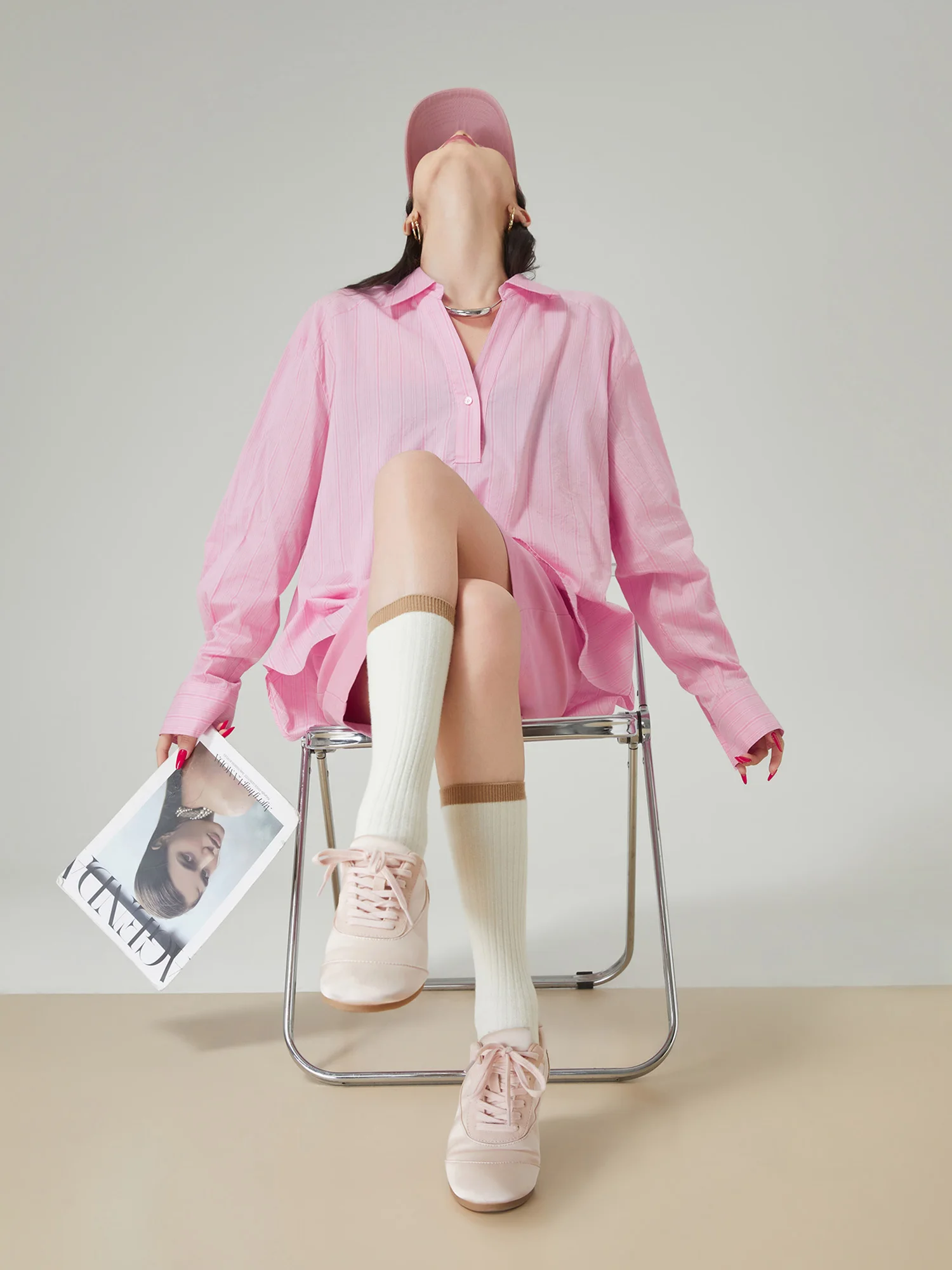 

Розовая полосатая женская блузка с V-образным вырезом и длинными рукавами, тонкая, свободная, универсальная, элегантная, модная, повседневная, для работы, из полиэфирного волокна