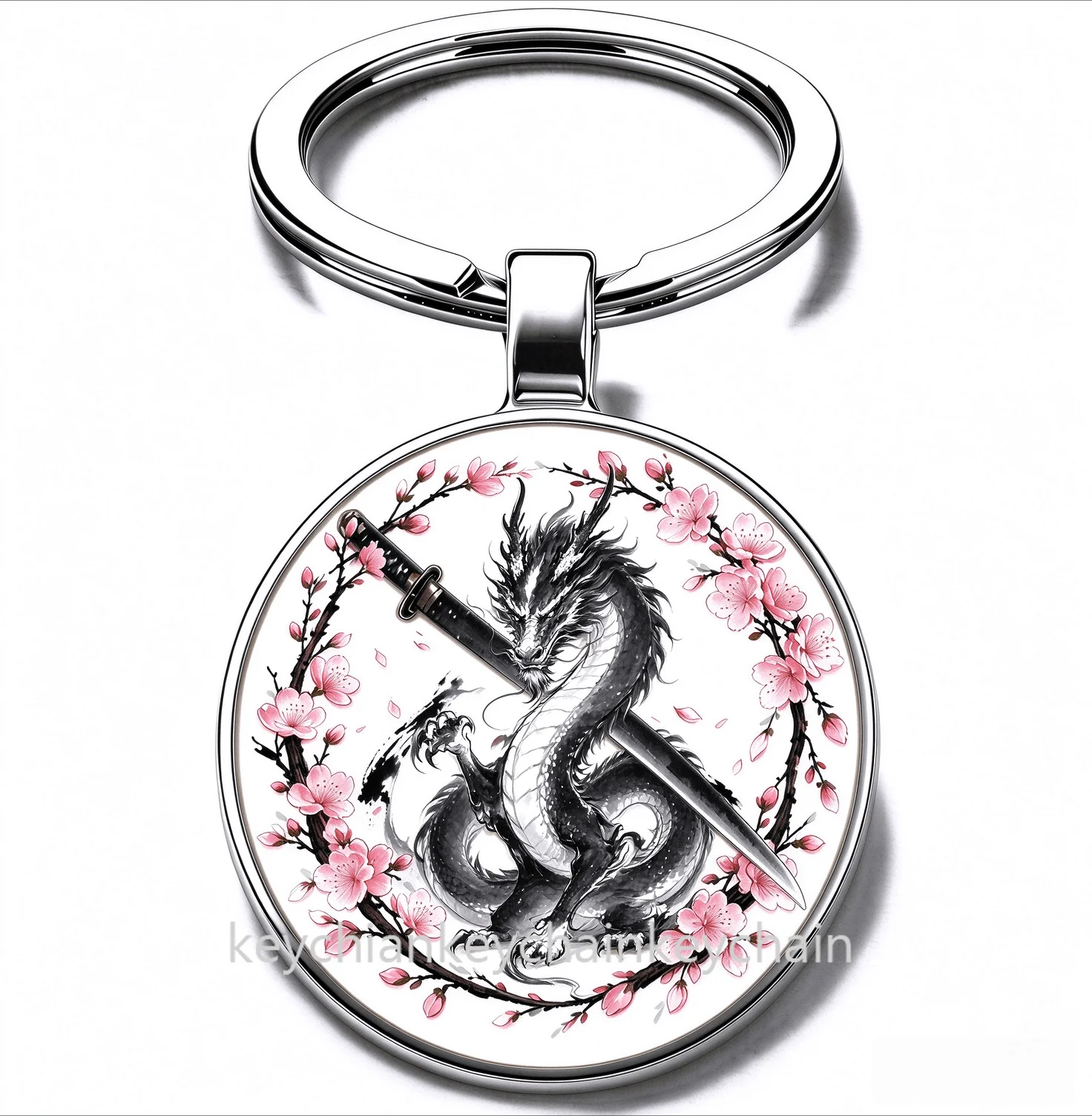 Japanese Mythical dragon Cherry Blossom Katana Keychain Samurai Sword Sakura Wreath Key Ring Car Bag Pendant Men Gift