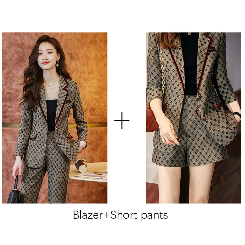 Tesco Khaki Print Women Jacket 2 Piece Suit Senior Blazer Pantsuits For Office Lady Formal Shorts Suits For Working blazer mujer