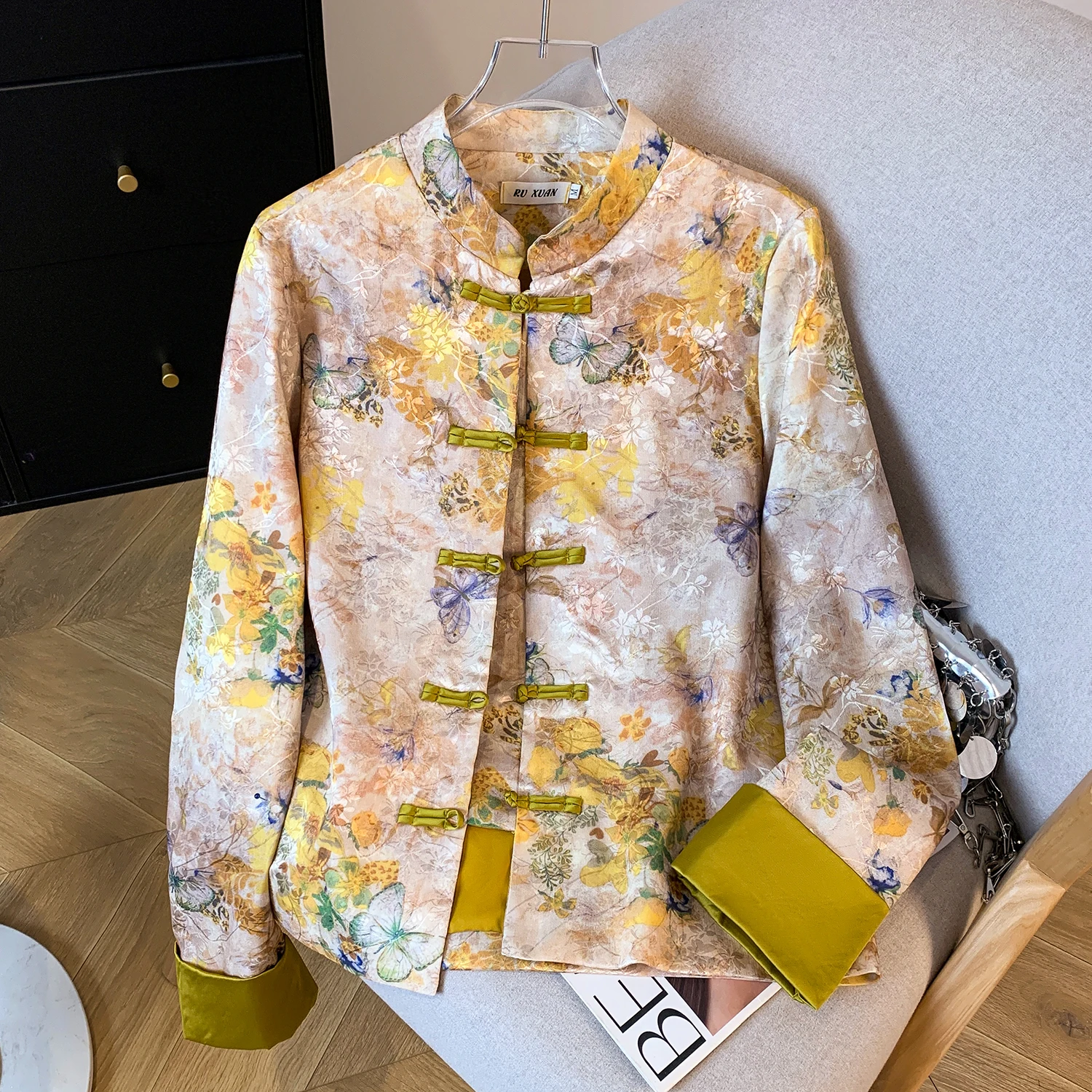 Chinese Style Short Outerwear Printed Integrated Silk Autumn Fashionable Artistic Turn-down Collar Button-up Ladies Jacket