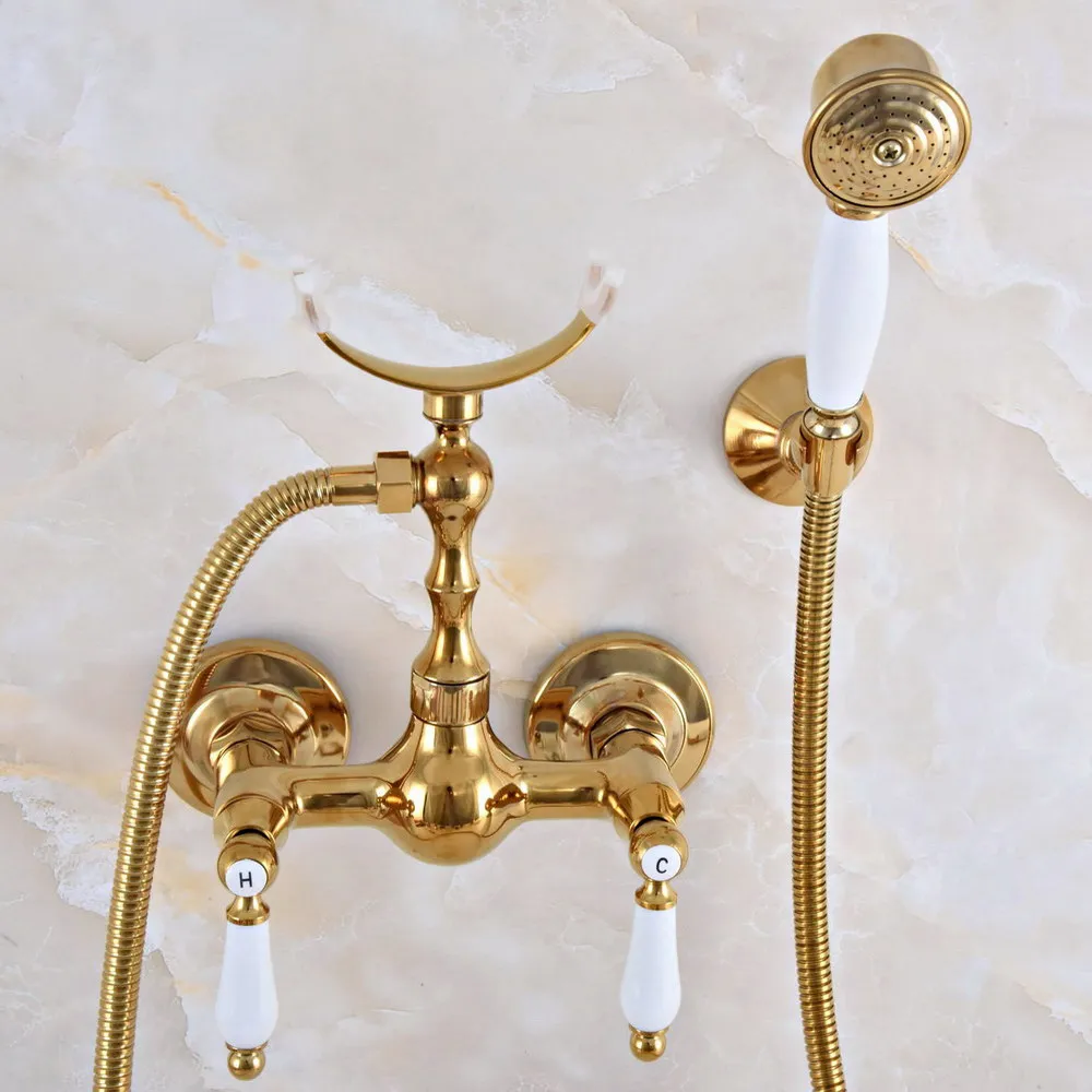 

Modern Golden Brass Wall Mounted Bathroom Shower Faucet Set with 1500MM Hose Handheld Spray Head Mixer Tap Dna933