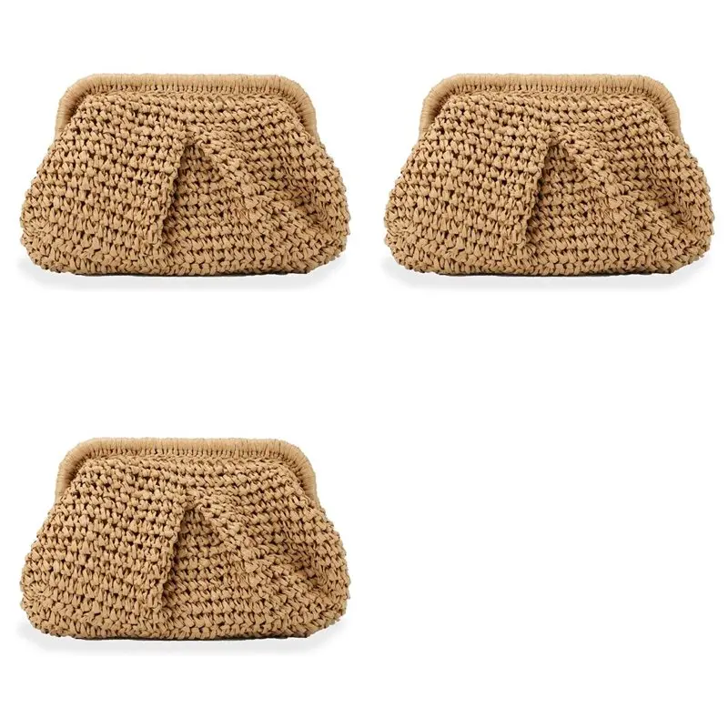 

【EFFICIENT 】3X Straw Purse For Women Cloud Dumpling Pouch Straw Crossbody Shoulder Handbag Summer Beach Woven Bag