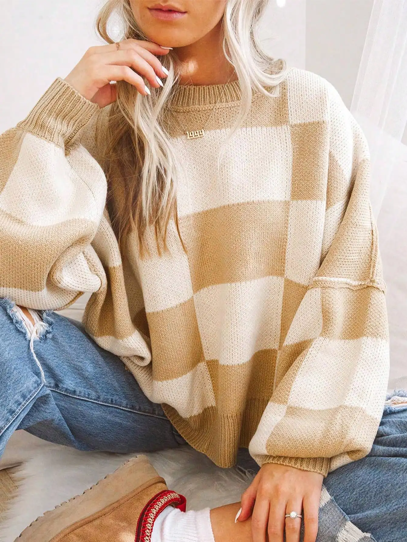 

Checkered Brown Bishop Sleeve Elegant Sweater,Long Sleeve Tops