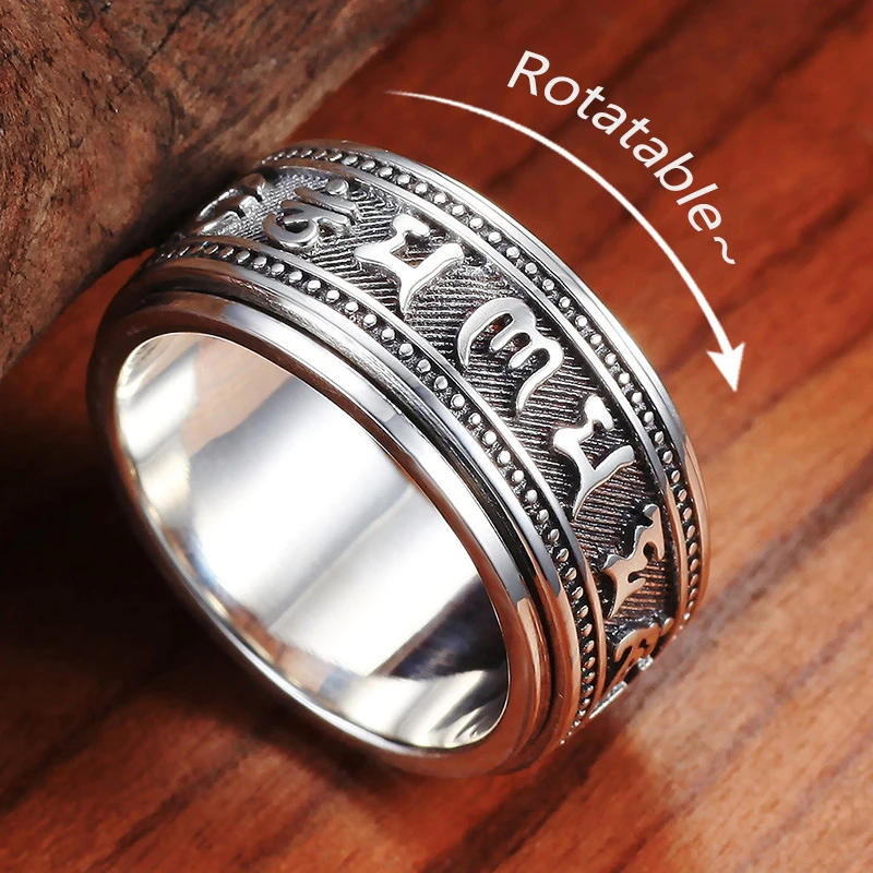 925 Thai Silver Craft Mens Rings Rotable Stereoscopic Embossed Design Glossy Six-character Mantra Domineering Vintage Jewelry