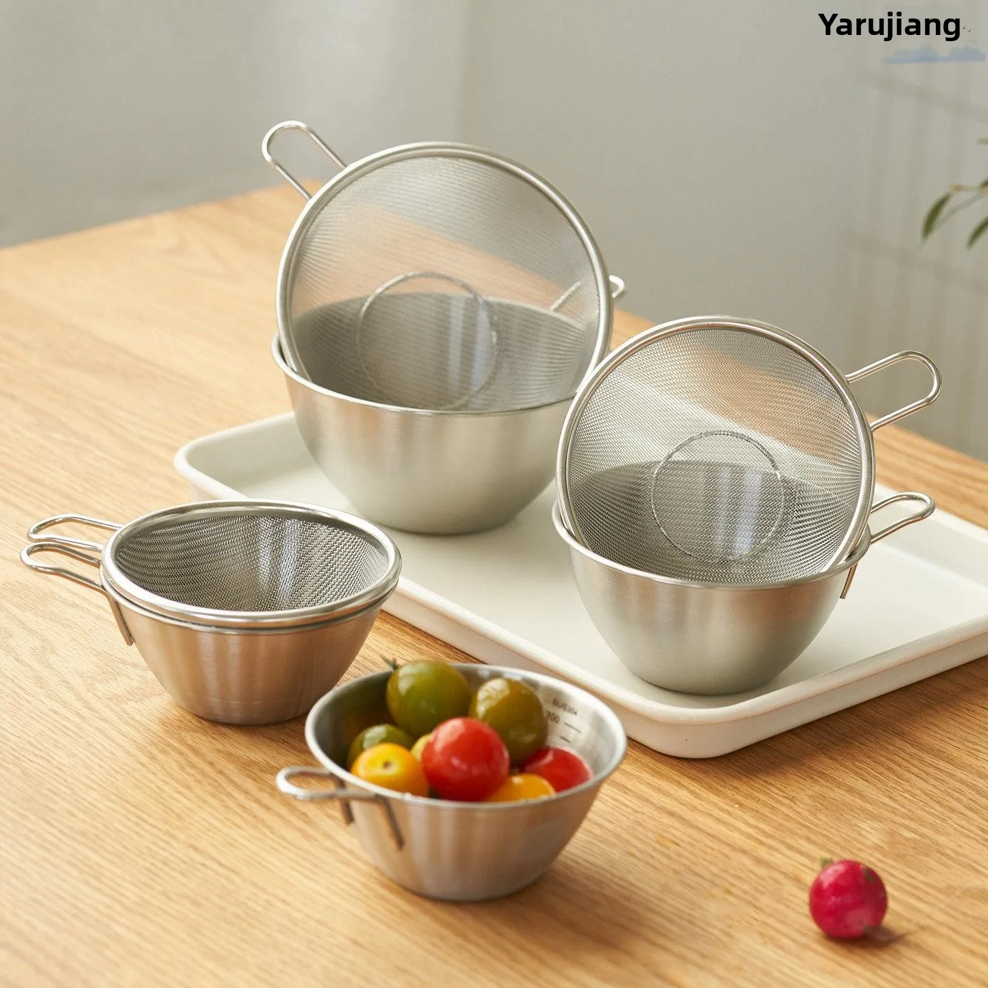 

304 Stainless Steel Drain Basket with Handle Fruit And Vegetable Basin Sieve Bowl Rice Washing Tool Simple Pure Color