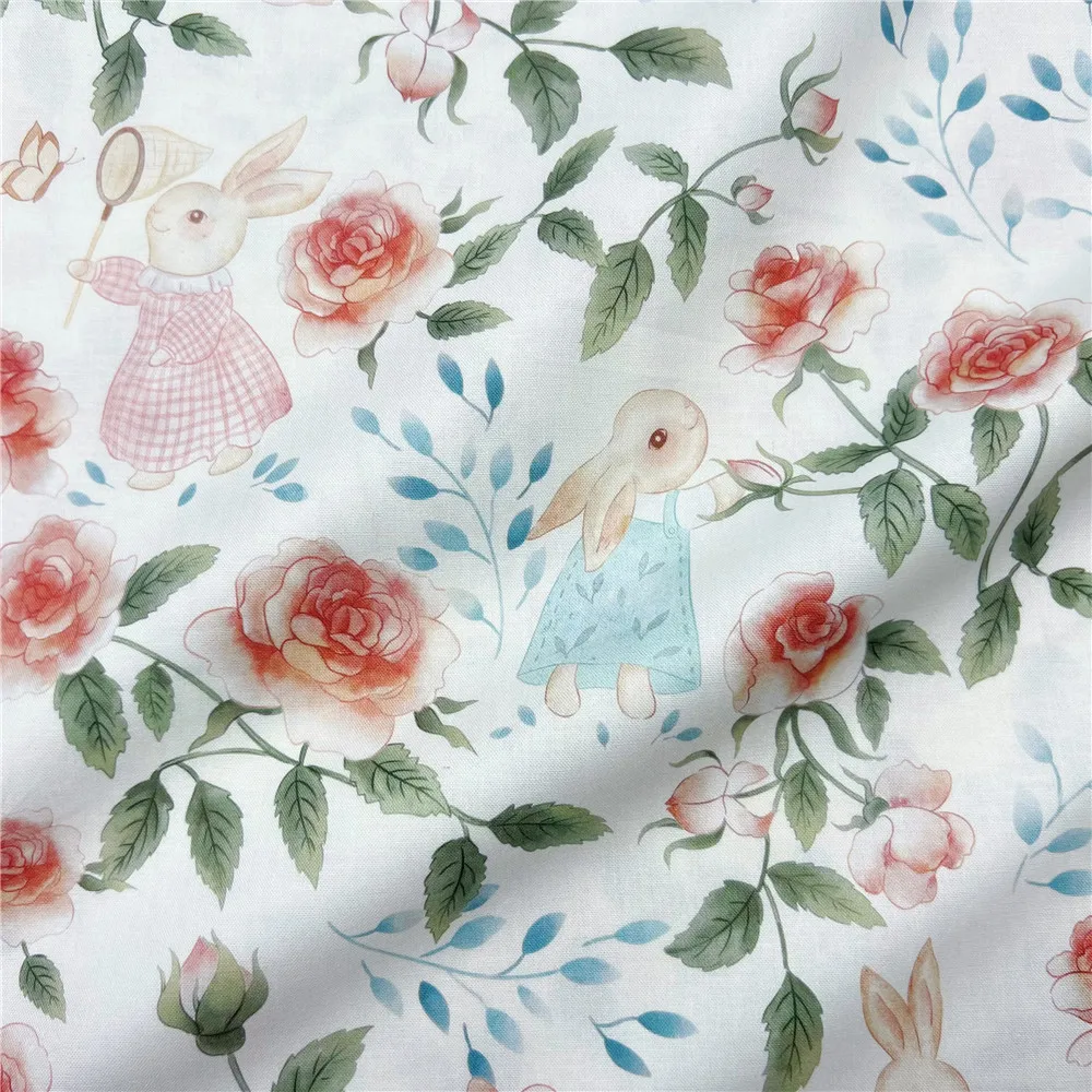 145cm wide patchwork vintage Rose Rabbit cotton poplin fabric handmade DIY book bag DIY tablecloth Pillowcase Material