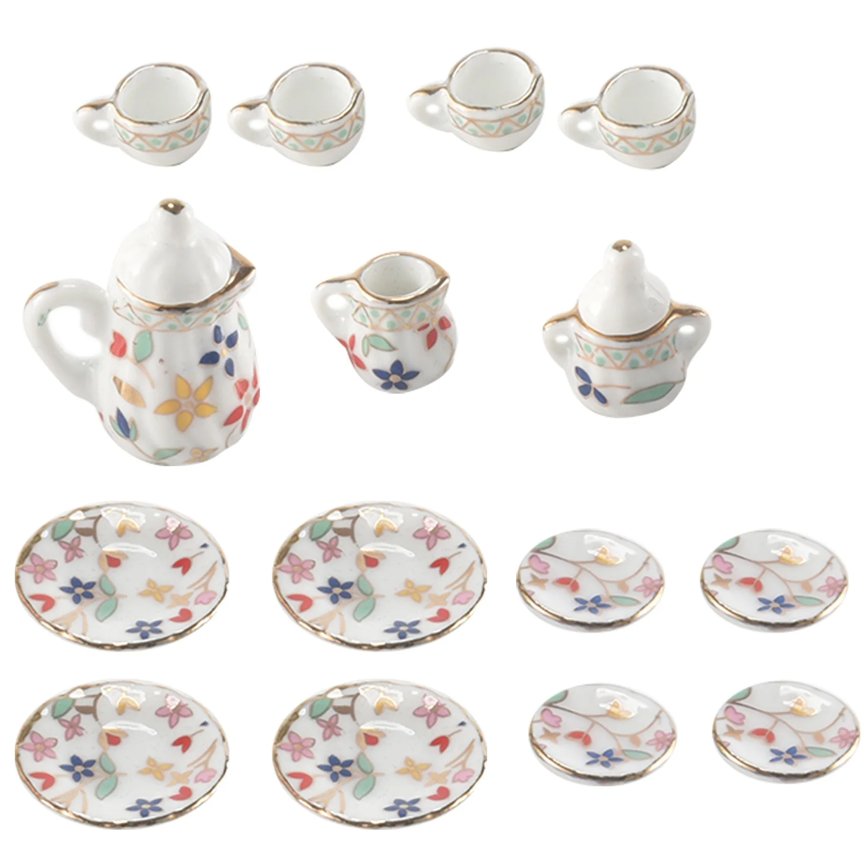 15 Piece Miniature Dollhouse dinnerware porcelain tea set tableware Cup plate Colorful floral print