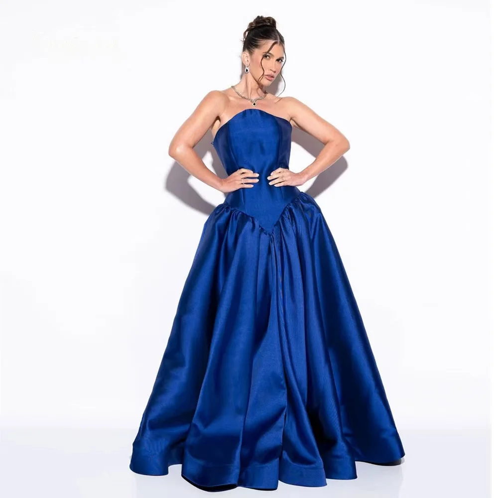 

Toofgon Classical Royal Blue Satin Prom Dresses Long A Line Formal Dresses Women Drop Waist Corset Vestidos De Noite Customized