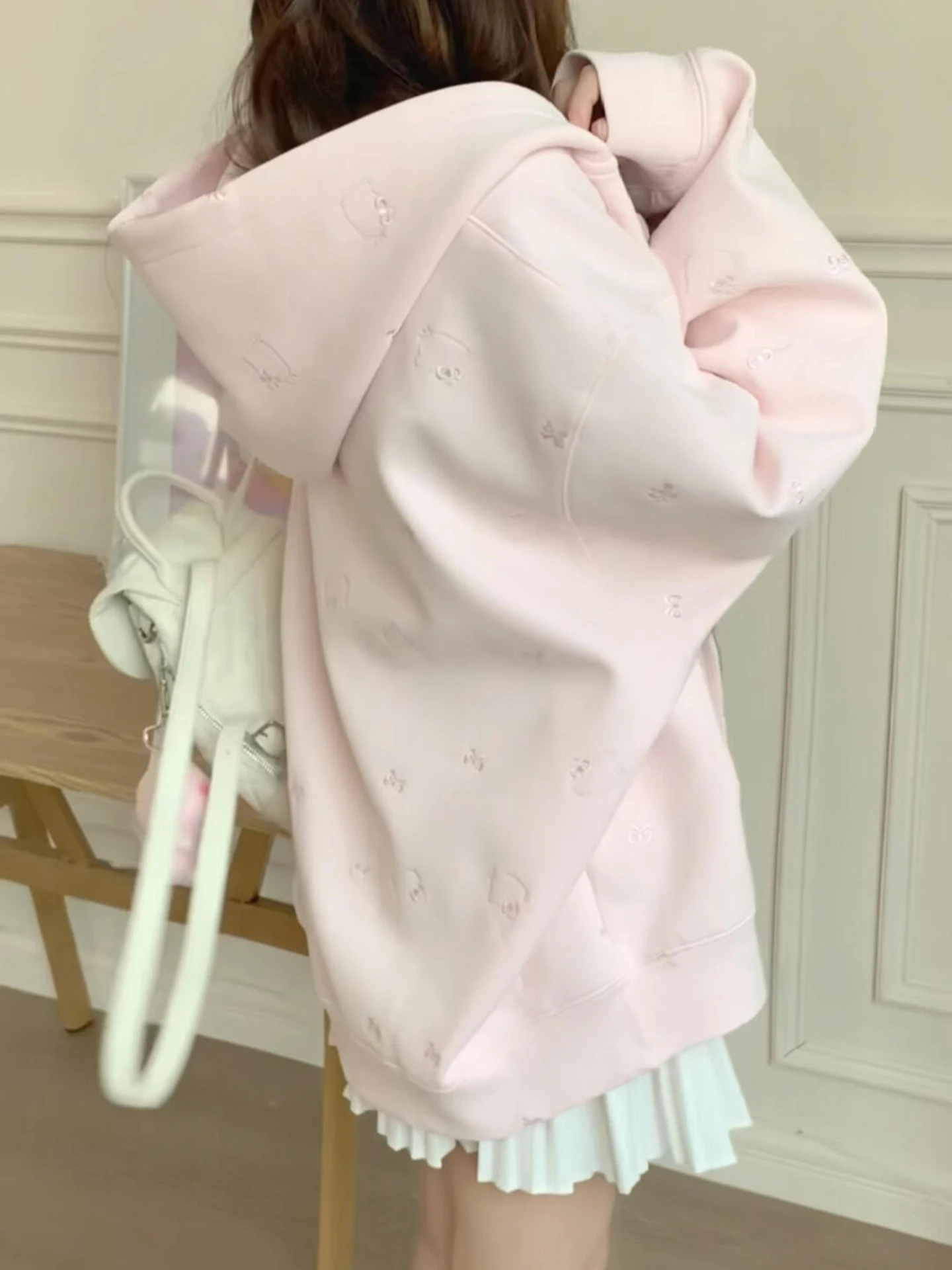 Pink Embroidered Hooded Jaet Women's Spring Autumn Thin New Korean Loose Top College Sle Open Cardigan Sweatirt