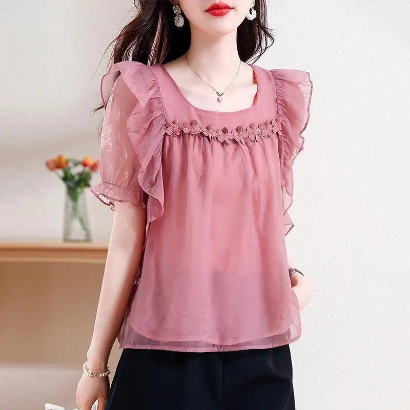 

Summer Square Neck Short Sleeved Chiffon Shirt for Women's 2024 New Fashion Western-style Stringy Selvedge Elegant Shirt Top