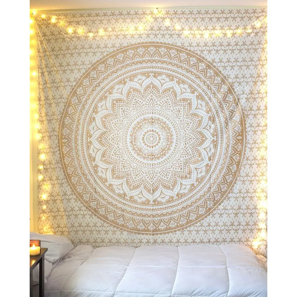 Original Gold Mandala Ombre Tapestry Wall Hanging, Boho Cotton Dorm Decor, Twin Bedspread, Meditation Yoga Mat Rug, 52x60 inches