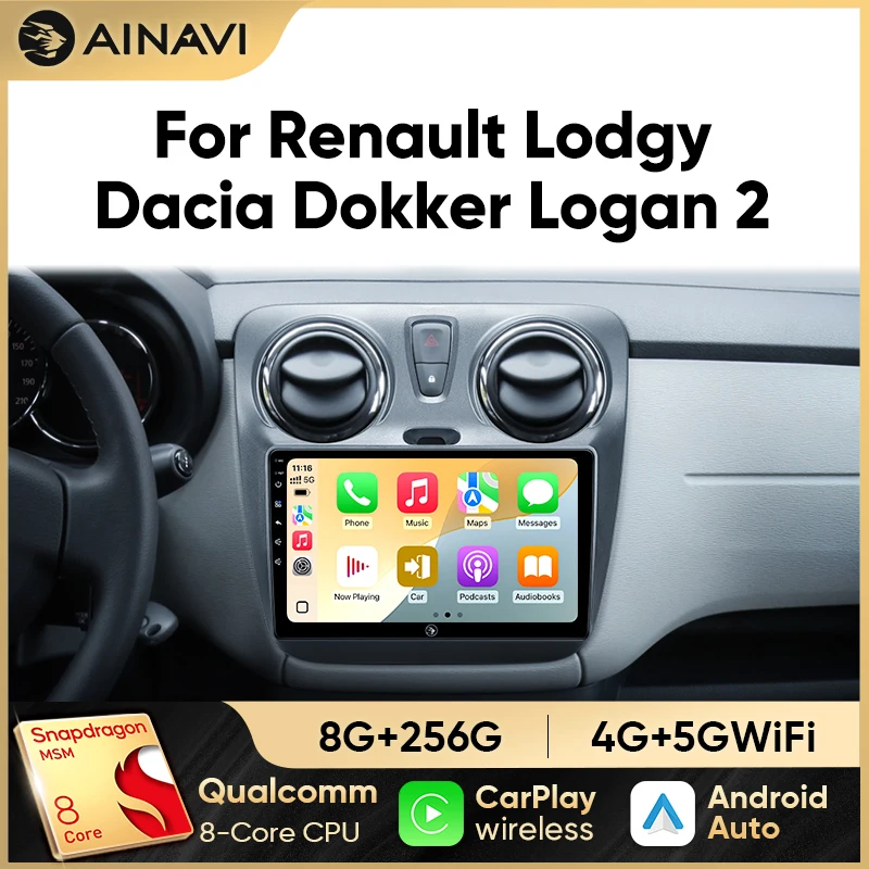 Ainavi Autoradio für Dacia Lodgy Renault Logan 2 Sandero 2014 2015 2016 2017 2018 Kabelloses Carplay Android Auto Multimedia 2 Din