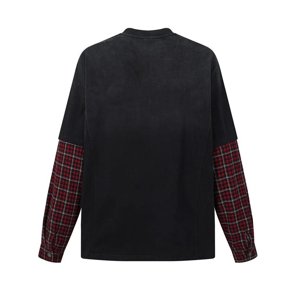 MWJLPWQ Patchwork Plaid Faux Two-Piece Long-Sleeve T-Shirt Men Distressed Washed Retro Half-Button Round-Neck Top Fashion 21021