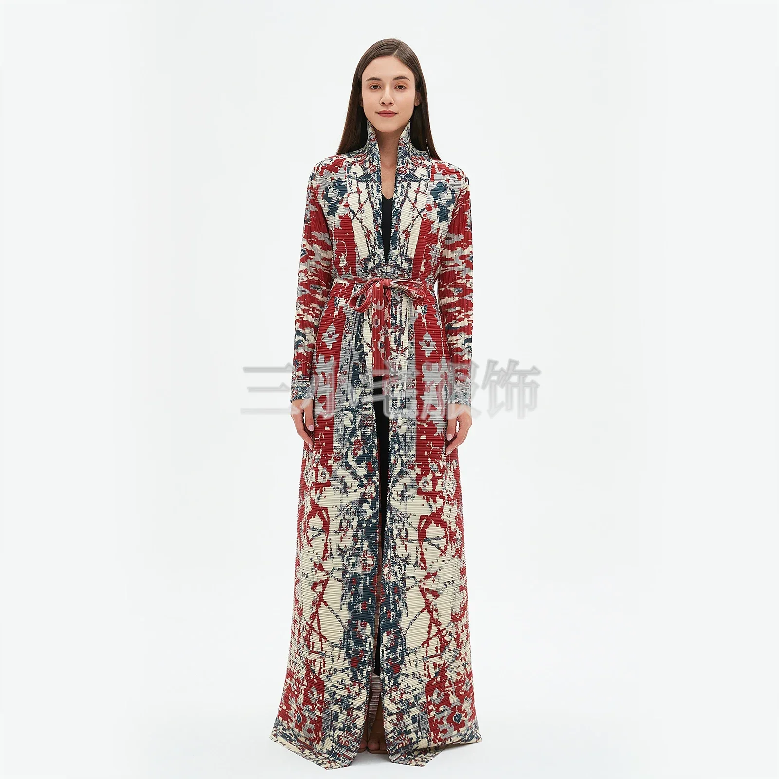 Pleats Robe Long Sleeve Printed Dress Windbreak Women 2024 Winter New Original Designer Abayas Turndown Collar Belted Coats