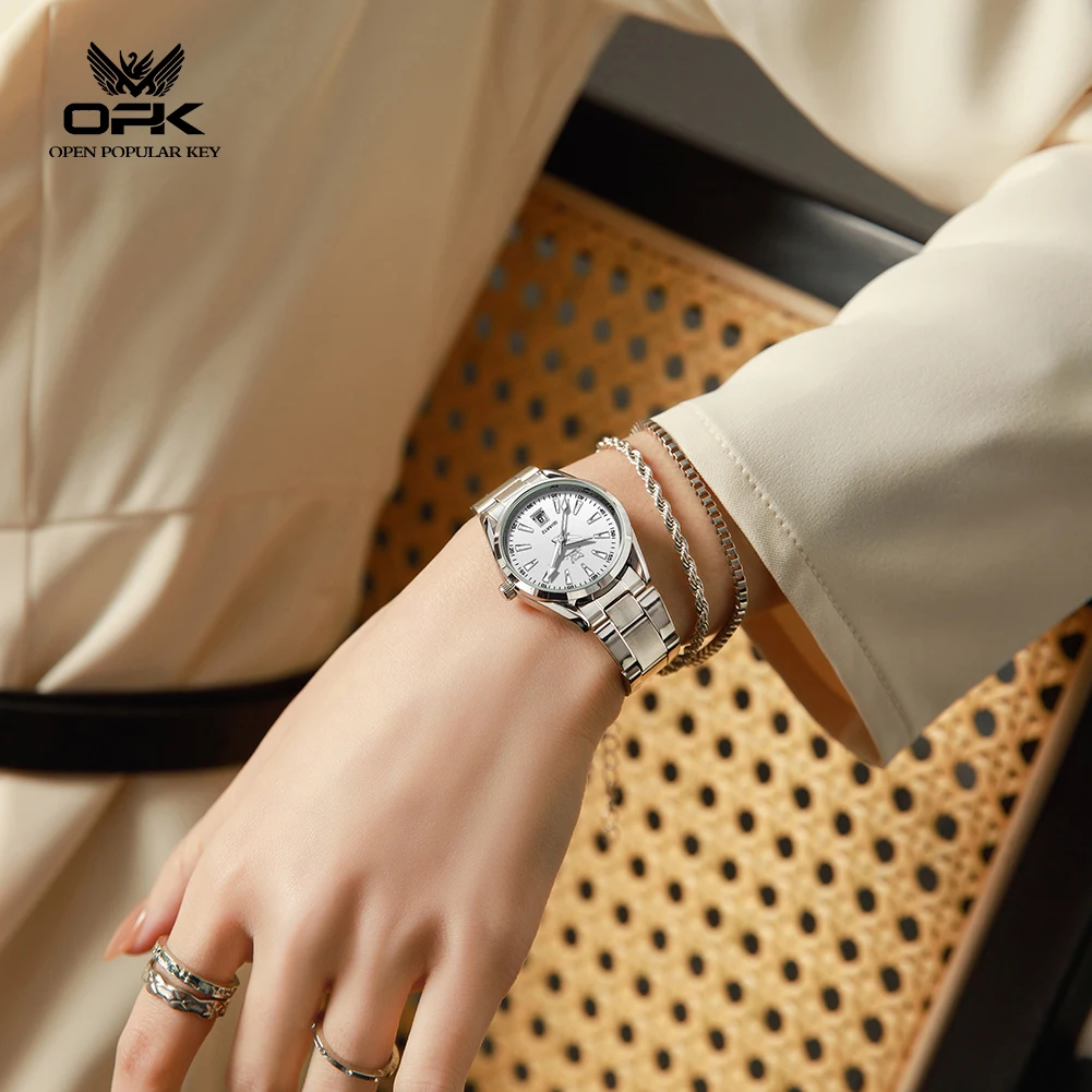 OPK 6088 Classic Round Original Quartz Movement Watch Premium Steel Strap HD Luminous Function 30m Waterproof Watch For Women