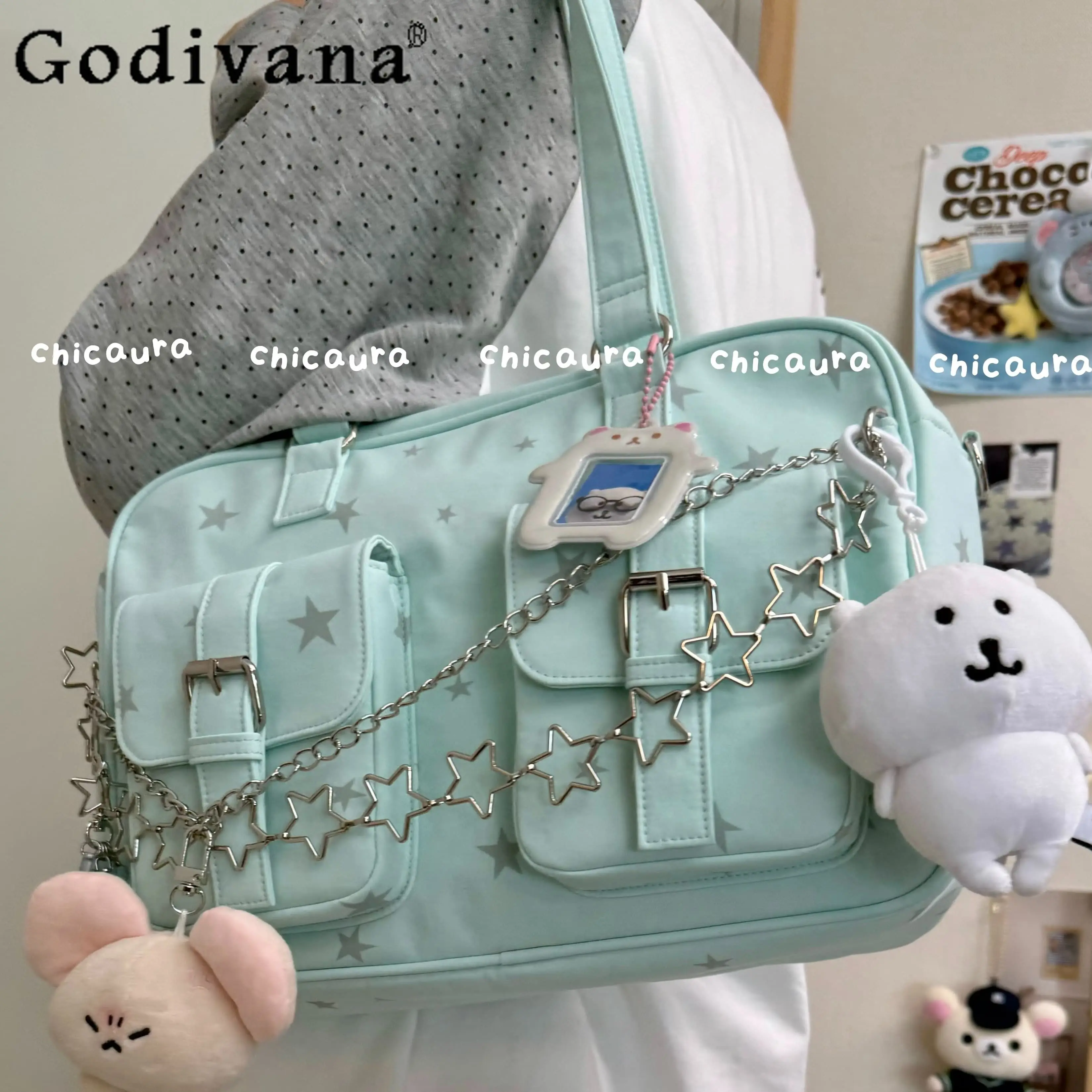 

Two-dimensional Japanese Original Ins Black Striped Tote Pain Bag Mint Green Star Handbag Daily Commuter Messenger Bag