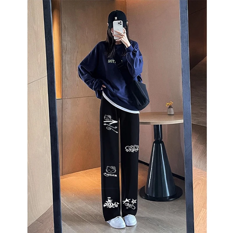 

2024 outdoor drawstring printed casual pants women's summer loose straight tube elastic waist wide leg casual pants