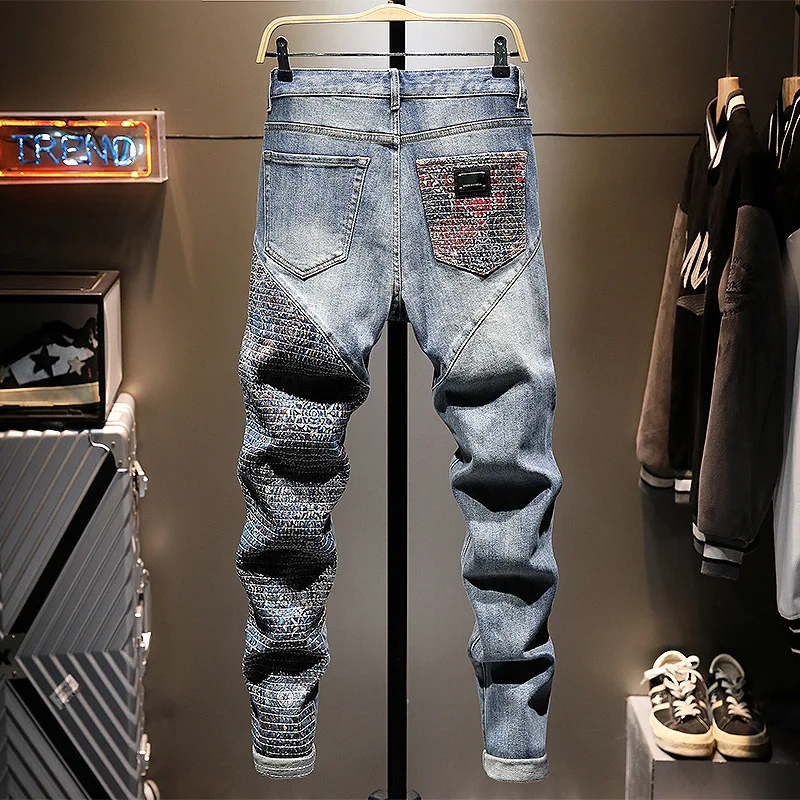 Splicing heavy craftsmanship embroidered men's jeans 2025 casual fashion retro personality trend street cool pants