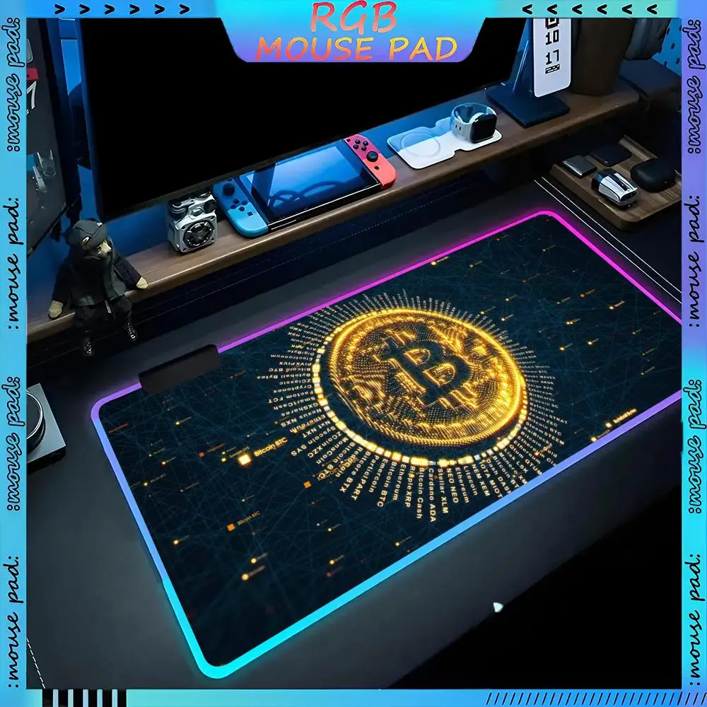 

Bitcoin Logo Mouse Pad RGB Pc Accessories LED Game Desk Mat E-sport Table Protector Neon Keyboard Mat Backlit Carpet Rug Give gi