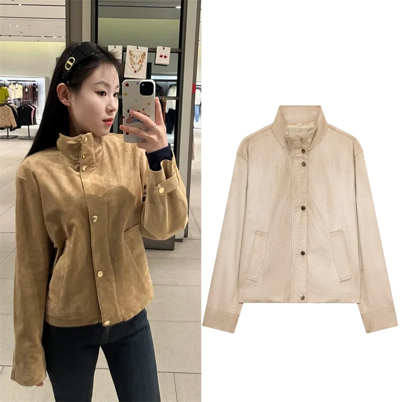 

Women's Coat 2025 Autumn New Style Khaki Long Sleeve Suede Effect Button Decoration Jacket Casual Fashion Versatile