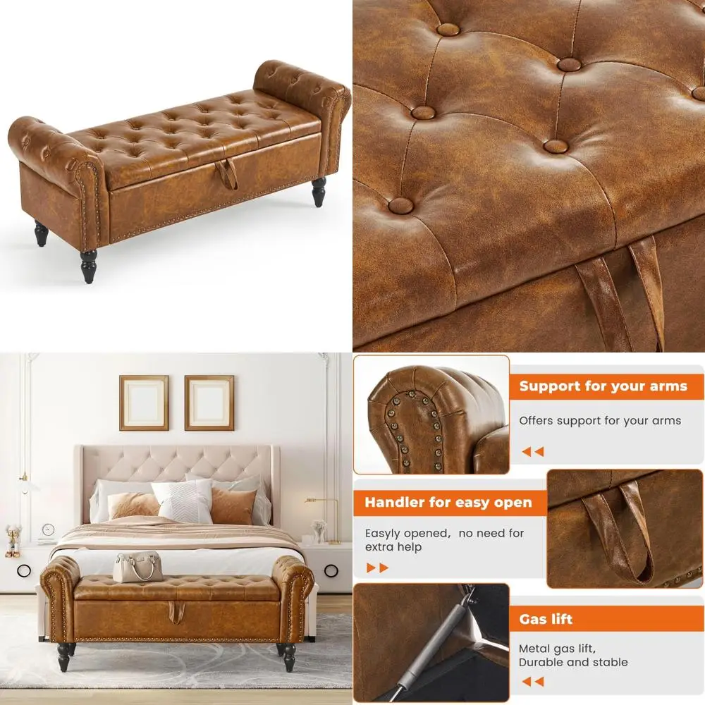 

Оттоманская скамья для хранения с кожаной обивкой и ножками из массива дерева — решение для хранения на конец кровати