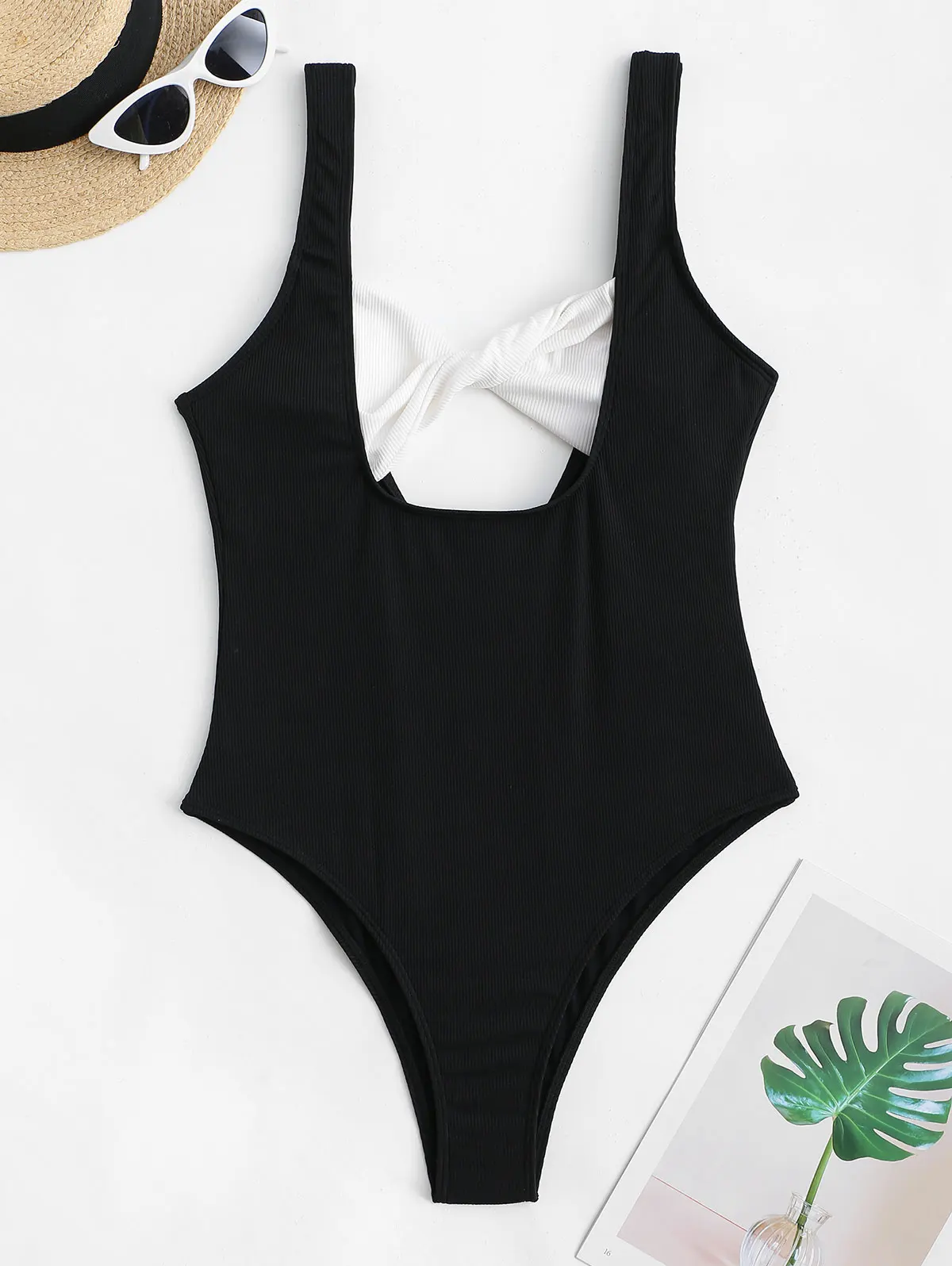 ZAFUL Twist Cut Out Ribbed Two Tone One-piece Swimsuit