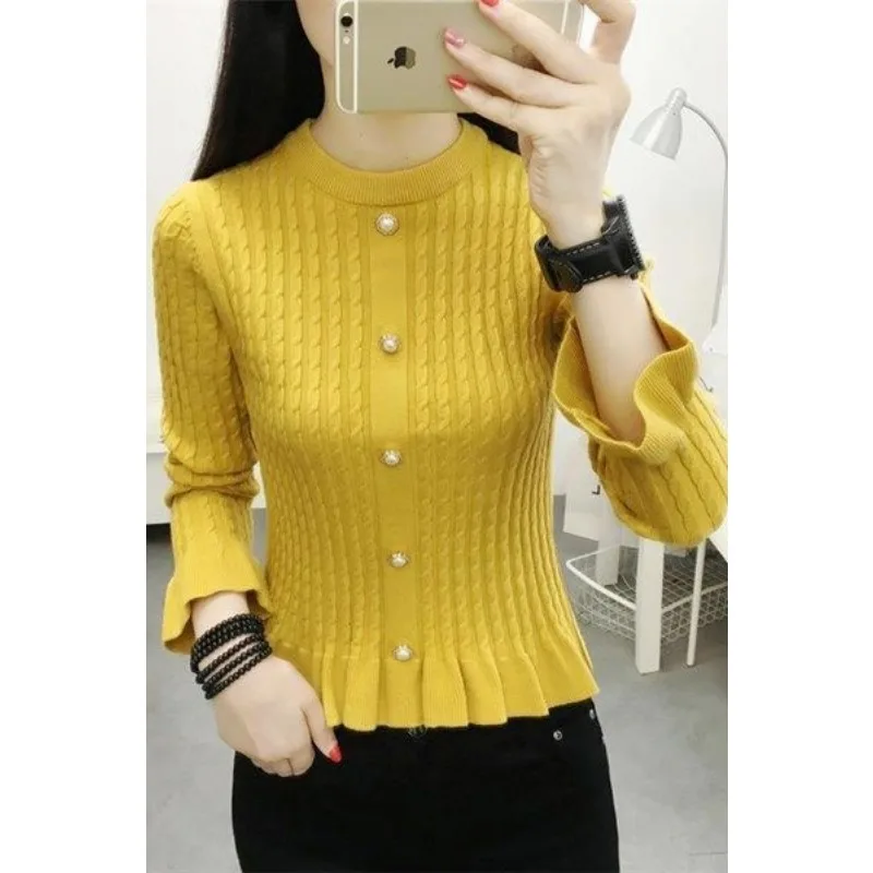 Women's New Style of Fungus-edged Knitted Bottoming 2025 Autumn and Winter New Slim-fitting Long-sleeved Short Top