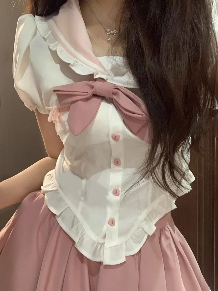 Sweet Rabbit Ear Sailor Collar Puff Sleeve Shirts Women+ Y2k Slim Waist Ruched Pink Skirts Summer Oversize Two Piece Sets