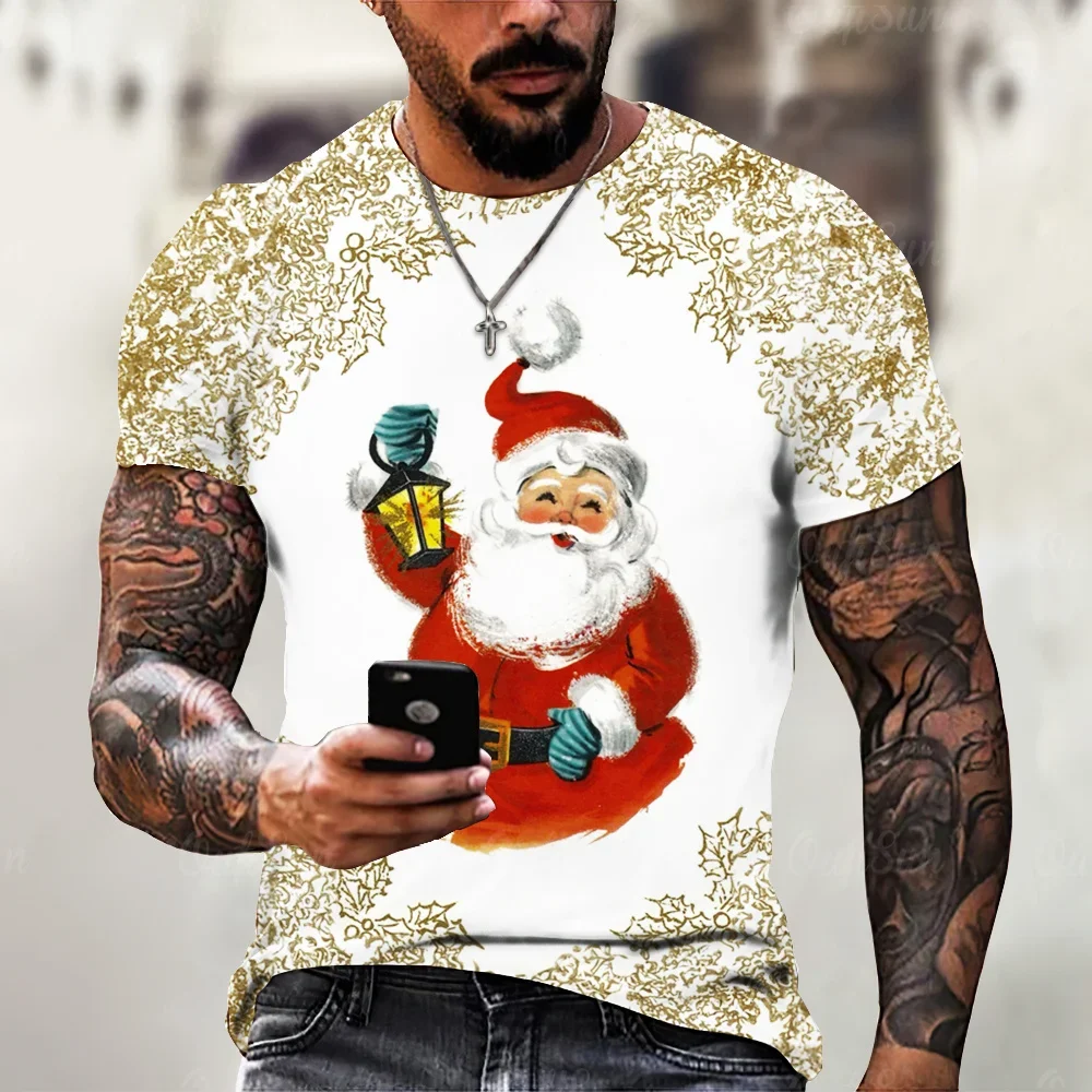 Camiseta navideña para hombre con estampado de Papá Noel en 3d, pantalón corto informal de calle, blusa Harajuku de manga, ropa holgada de talla grande para hombre