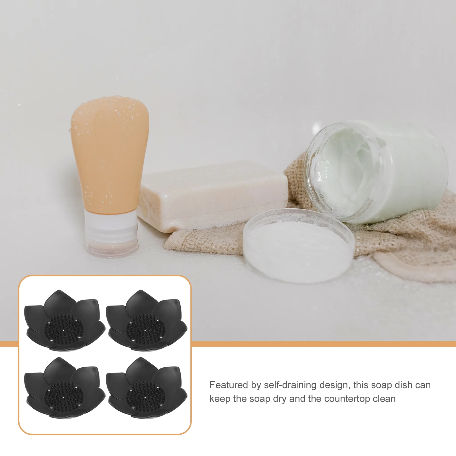 

4 Pcs Black Silicone Lotus Soap Holder Drain Holes Bathroom Tray Self Draining Soap Dish Kitchen Sponge Storage